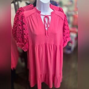 Umgee Vibrant Pink Blouse with Lace Detail